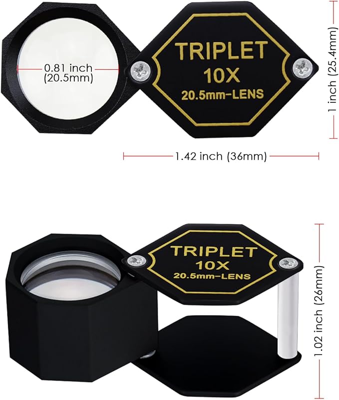 10x Magnifier Jewelry Loupe 20.5mm Triplet Lens Optical Glass Pocket Gem Magnifying Tool for Jeweler, Stamp Philatelist, Coin Numismatic, Achromatic Black Hexagonal Design Kit Set