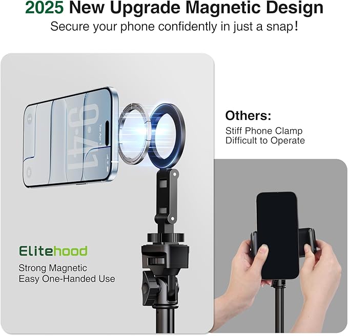 elitehood Magsafe Tripod Mount Adapter with 1/4” Screw & Hot Shoe, Lightweight Compact Cell Phone Tripod Mount for Camera, iPhone Camera Holder with Dual Hinges for iPhone 17 16 15 14 13 Series