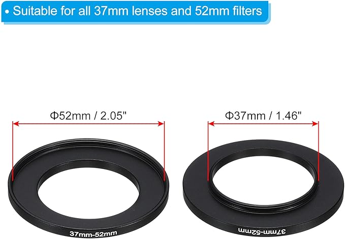 PATIKIL 37mm-52mm Metal Step Up Ring with Cleaning Cloth, 2 Pack Camera Lens Filter Adapter Ring Aluminum Filter Adapter Ring for Camera Lenses Hood, Black