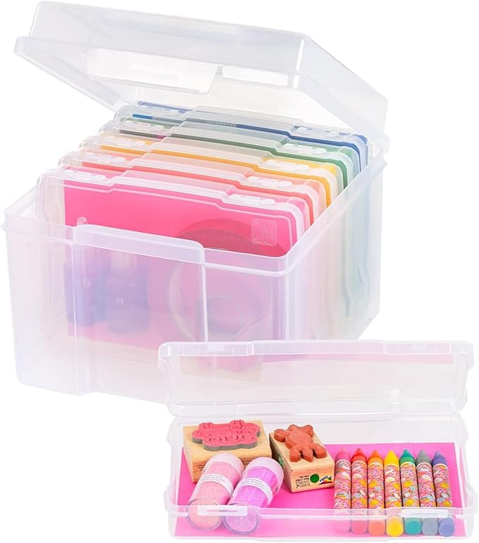 IRIS USA 5" x 7" Photo Storage Box Craft Keeper, Transparent Protection Container with 6 Organization Holder Cases for Pictures, Tasks, Scrapbooking, Ephemera, Stationery Storage, Clear