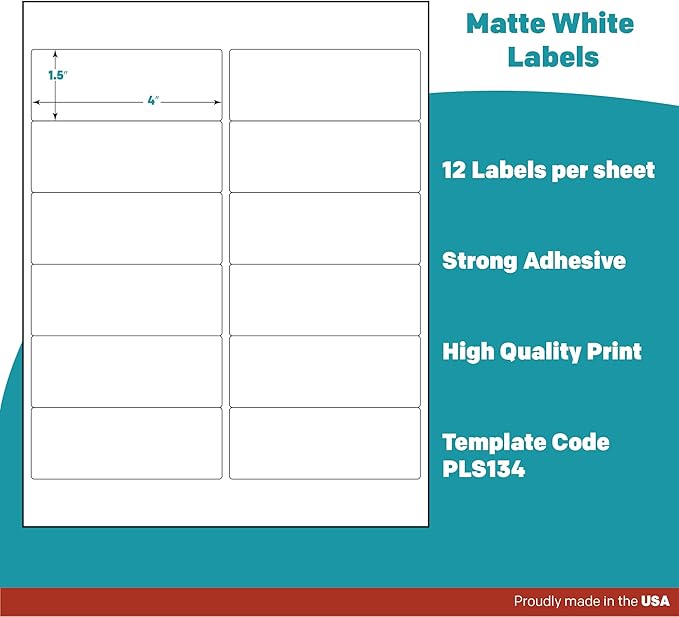 Premium Label Supply White Sticker Address Labels – 4" x 1.5" – Laser/Inkjet Compatible – (12 per Sheet), 1000 Sheets – 12,000 Total Adhesive Labels