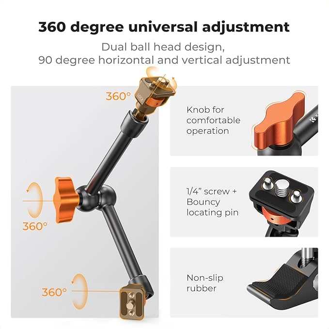 K&F CONCEPT 11" Magic Arm Clamp Kit with ARRI 1/4" & 3/8" Thread Screw, 360° Ball Heads Arm with Clamp Mount for DSLRs, Camera Cage, Monitor, LED Light, Webcam, Action Camera