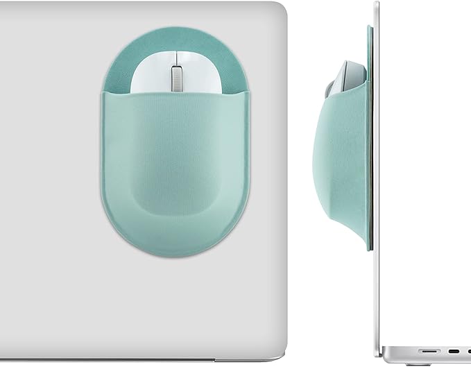 Epessa Universal Stick-On Mouse Pouch, Holder for Wireless Mouse, Sleeve for Laptop, Reusable Adhesive, No Glue Residue, Compatible with iPad or MacBook (Green)