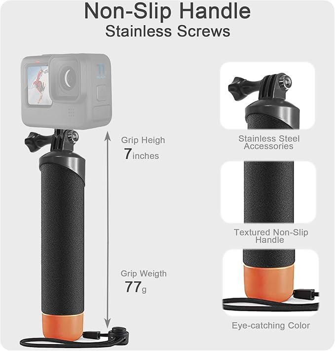 FitStill Waterproof Monopod Floating Hand Grip Snorkeling Selfie Pole Stick +Steel cored Safety Wrist Strap Rope for Go Pro Hero 13/12/11/10/9/8/7/6/5 Max Session DJI Osmo and Other Action Cameras