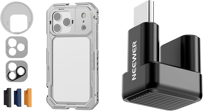 NEEWER PA144 (Silver) Phone Cage Compatible with iPhone 17 Pro Max + PS017 180 Degree U Shaped USB C OTG Adapter, Quick Release Video Rig Stabilizer with 67mm Filter Ring, 17mm Lens Backplate