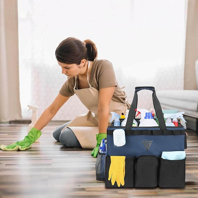 Professional Cleaning Kit - Durable Cleaning Caddy Bag with Black Apron and Trolley, Water-Resistant Organizer for Cleaning Supplies, Polyester Cleaning Bag for Housekeepers, (Dark Blue)