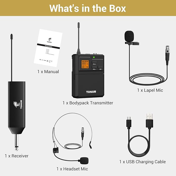 TONOR UHF Wireless Microphone System with Headset Lavalier Lapel Mic, Bodypack Transmitter, Rechargeable Receiver, 15 Channels 60 m/200ft Range 1/4" Output for Recording, 1 Bodypack Mic