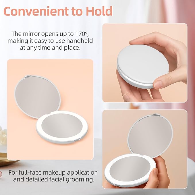 Compact Mirror with Light, Dimmable Pocket Mirror, Rechargeable Mini Mirror for Purse, Pocket, Travel and Present, Folding, Handheld, 2-Sided, Round
