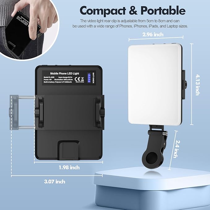 Selfie Light Portable 60 LED Rechargeable Video Conference Fill with Front & Back Clip and Adjusted 3 Modes for Phone, iPhone, IPad, Camera, Laptop, TikTok, Makeup, Live Stream, Vlog