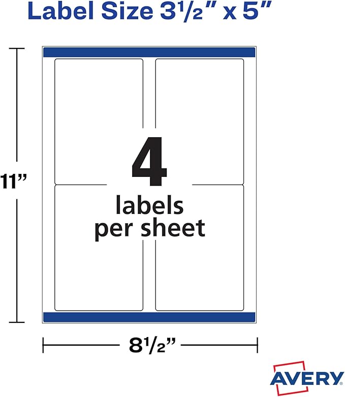 Avery Shipping Address Labels, Inkjet Printers, 100 Labels,3-1/2 x 5, Permanent Adhesive,White, 5 Packs (8168)