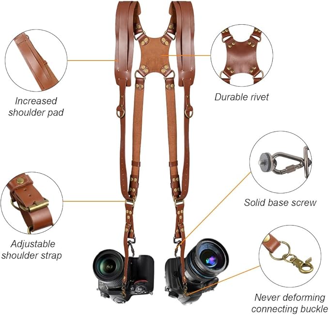 Kasla Camera Strap, Camera Straps for Photographers, Leather Dual Camera Strap for Two DSLR/SLR Cameras (Tan)