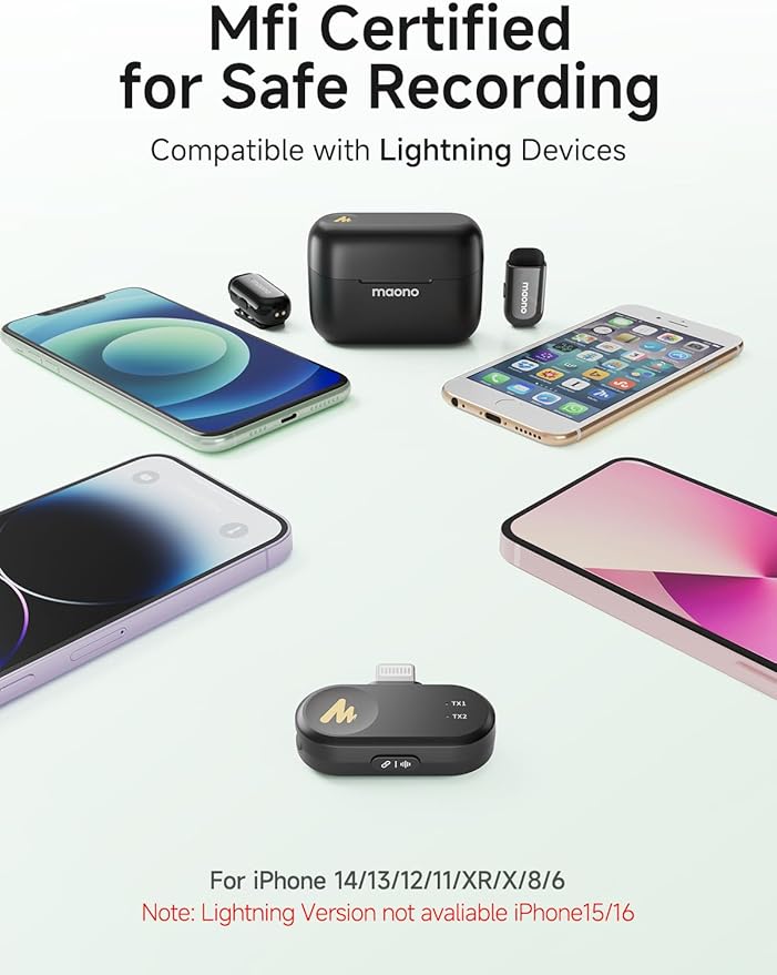 MAONO Wave T1 Mini Wireless Lavalier Microphone for iPhone iPad with MFi Certified Lightning Plug, Noise Cancellation, AI Voice Filter, 30H Used with Charging Case for Video Recording Vlog TikTok