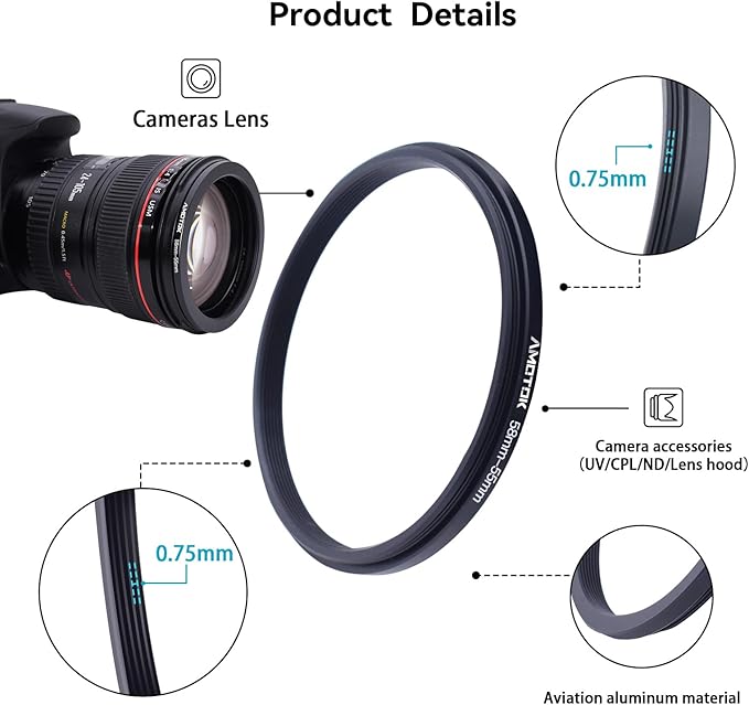 58mm Lens to 55mm Camera Lens Adapter,58mm-55mm Filter Step-Down Ring,Compatible All 55mm Filter Accessory.Made from CNC Machined