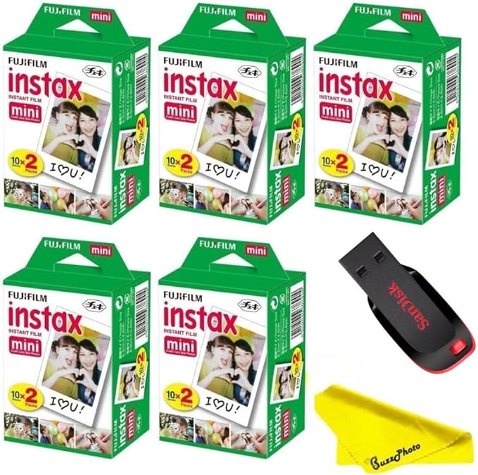 Fujifilm Instax Mini Instant Camera Film with Sandisk 32 GB USB Flash Drive + 5 x Mini Twin Packs (100 Sheets) and Buzz-Photo Microfiber Cleaning Cloth