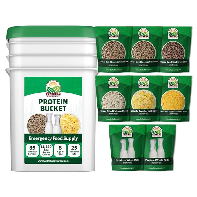 85 Serving Premium Protein Bucket | Freeze Dried Meat & Dairy Contains 1,052g Protein | Non-GMO Emergency Food Supply 25 Year Shelf Life | Long Term Prepared Foods Survival Kits by Valley Food Storage