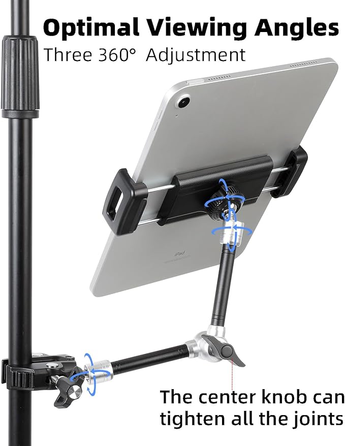 Tablet Holder for Microphone Stand, Mic Music Stand Tablet Holder for iPad, Multi Angle Adjustable 10" Long Magic Arm & Super Clamp Mount, Compatible with 4.7 to 13 inch Tablets & Smartphones