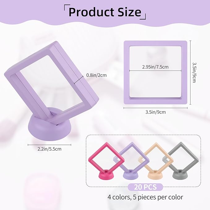 20 Pcs Floating Frame Case with Stands, 3.5X 3.5 x 0.8 inch, Challenge Coin Display,Transparent PE Jewelry Storage Box, Floating Display Holder Stands for Antique Challenge Coins, Medallion(ColorB)
