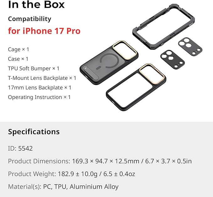 SMALLRIG Mobile Video Cage for iPhone 17 Pro, with Phone Case/TPU Soft Frame/T-Mount & 17mm Threaded Lens Backplate, Phone Video Rig for Videography Recording Vlog, Flagship Edition - 5542