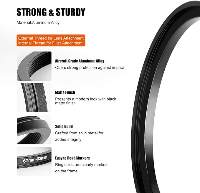 Step Up Rings for Filters 67mm to 72mm Stepping Camera Lens Filter Metal Step Up Lens Filter Adapter Ring for All Brands UV, ND, CPL