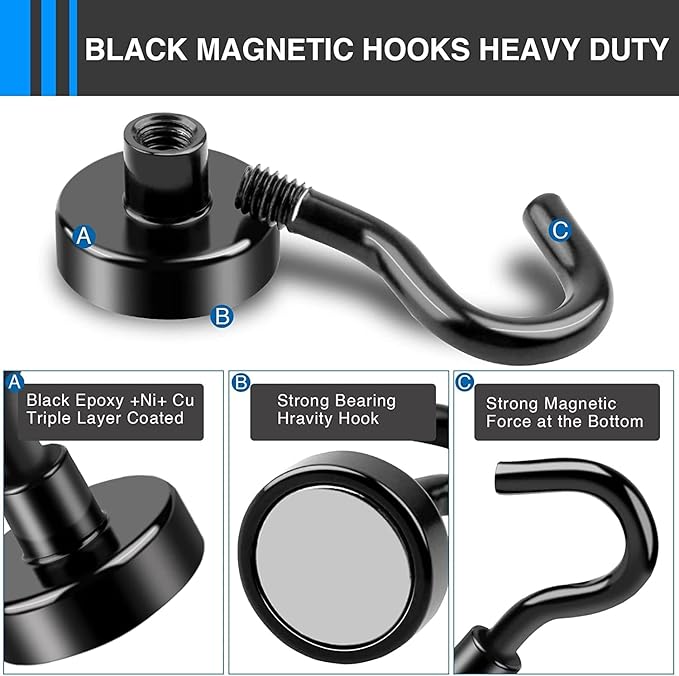 LOVIMAG Magnetic Hooks，30Lbs Magnets with Hooks for Cruise, Black Magnetic Hooks for Hanging, Fridge, Classroom, Refrigerator, Ceiling, Office, Kitchen. Grill, Garage-30Pack