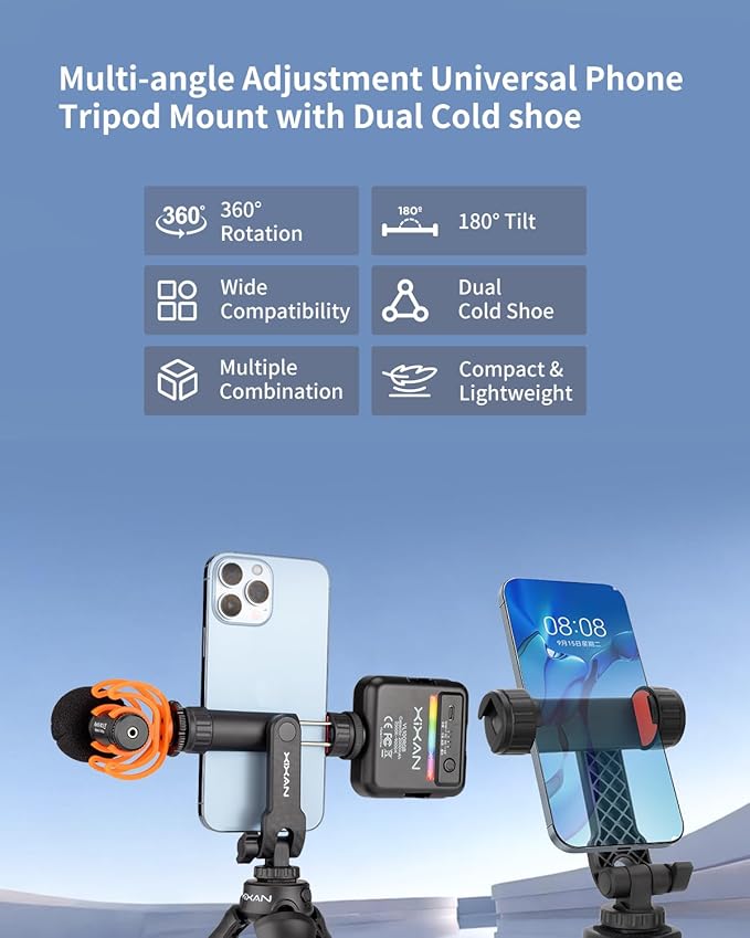Phone Tripod Mount Adapter with Cold Shoes and 1/4" Screw, 360° Rotates and 180° Tilts Adjustable Cell Phone Clamp Holder, Compatible with iPhone Samsung and Universal Smartphone for Photography