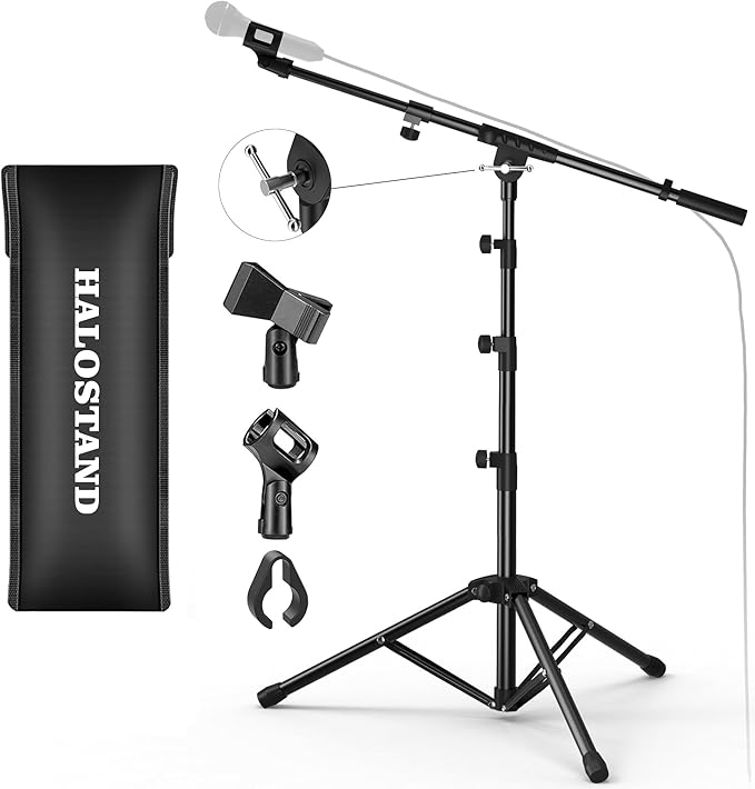 Microphone Stand, Floor Foldable Mic Stand with Phone Clip,Heavy Duty Tripod Boom Arm with 2 Mic Clips and Carrying Bag for Singing Karaoke Stage
