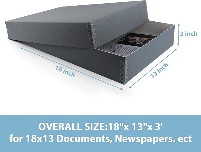 Lineco, Archival Newspaper Preservation Storage Box, Drop Front Design with Metal Edge, Acid-Free File Organizer, Preserveor for Photos, Documents, Scrapbook, Magazines, 18x13 Gray