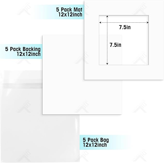 Golden State Art, Acid Free, Pack of 5, 12x12 White Picture Mats Mattes with White Core Bevel Cut for 8x8 Photo + Backing + Bags