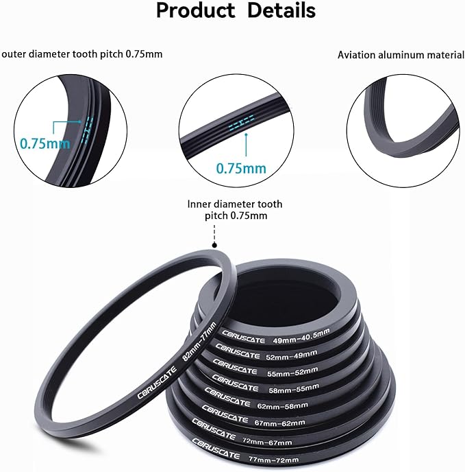 9 Pieces Step Down Ring,Camera Lens Filter Metal Filter Rings Compatible All Brands UV ND CPL (49-40.5mm,52-49mm,55-52mm,58-55mm,62-58mm,67-62mm,72-67mm,77-72mm,82-77mm)