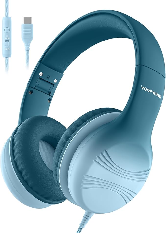 USB Type C Kids Headphones, Wired Headphones for Kids with Microphone 85/94dB Volume Limit, Stereo Sound Portable Over Ear Headphones for School/Travel/Tablet/iPad, Gradient Green