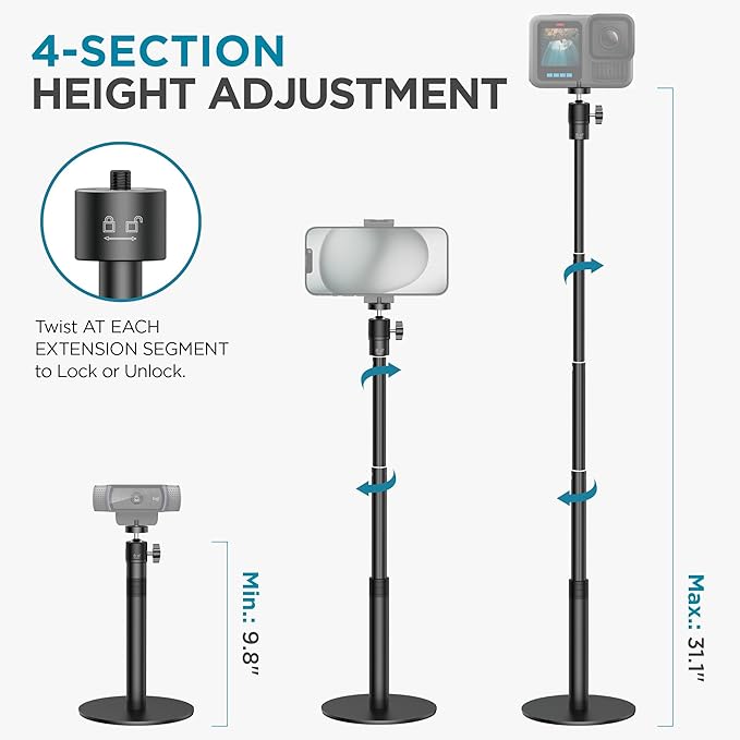 InnoGear Webcam Stand, 31" Telescopic Webcam Mount Vlogging Stick with Phone Holder Web Cam Stand for Logitech Webcam C922 C930e C920S C920 C615 C960 C920x BRIO 4K NexiGo N60, Phones, Cameras