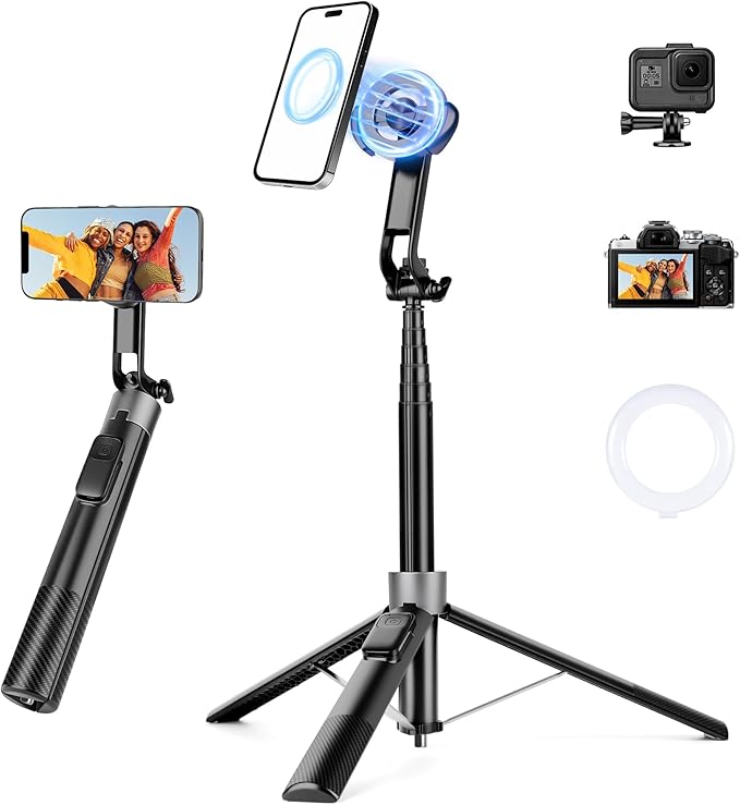 Magnetic Tripod for iPhone, 69" Phone Tripod Selfie Stick with Stake, Remote & 2 in 1 Phone Holder, Extendable Cell Phone Stand for Golf Recording Travel, Compatible with iPhone and Android Cellphone