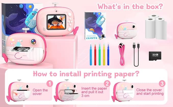 Kids Instant Print Camera - 12MP Ink Free Printing for Kids Aged 3-10 - Selfie Camera for Boys & Girls - Pink