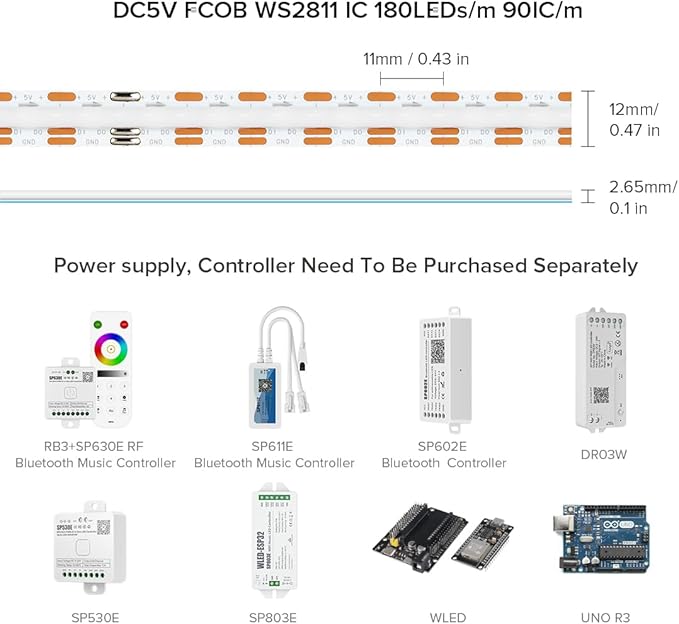BTF-LIGHTING FCOB COB WS2811(WS2812B) IC RGB 180LED/m 720IC LED Strip DC5V 13.1FT Individual Addressable Flexible High Density Uniform Light Dream Chasing Color 10mm Width(NO Adapter or Controller)
