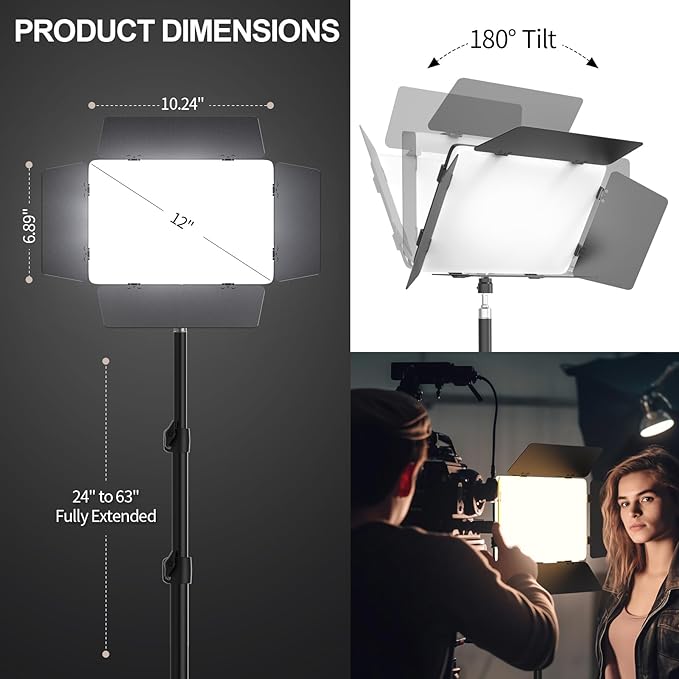 2 Pack LED Video Light with Barndoor, 30W Photography Lighting with Tripod Stand, 3000Lux CRI 98+ 2500K-8500K Studio Light Podcast Lighting for Video Recording, Game Live Streaming, Vlogging