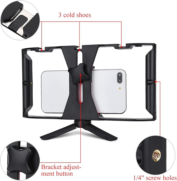 Smartphone Cage Rig Dual Hanlde Handheld Phone Cage Filmmaking Case with Tripod Cold Shoe for Video Recording Live Broadcasting Excellent