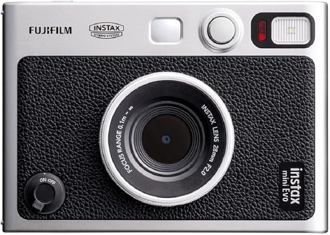 FUJIFILM INSTAX MINI EVO Hybrid Instant Camera | Black Bundle with Instax Mini Film | 20 Exposures + 64GB Micro SD Card + Mini Album, Borders, Stickers & Clips + Cleaning Cloth (5 Items)