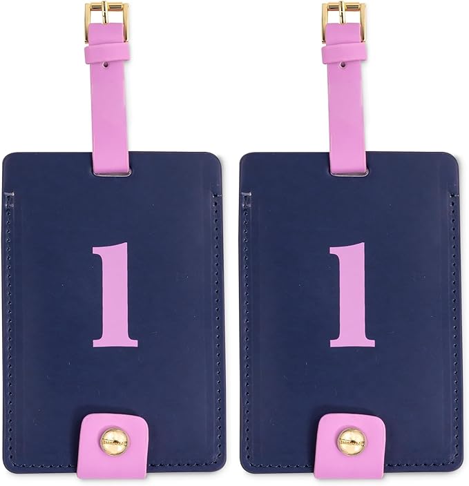 Kate Spade New York Leatherette Luggage Tag with Secure Strap, Colorful Suitcase Identifier for Travel, Monogram Bag Tag ID (L) (Pack of 2)