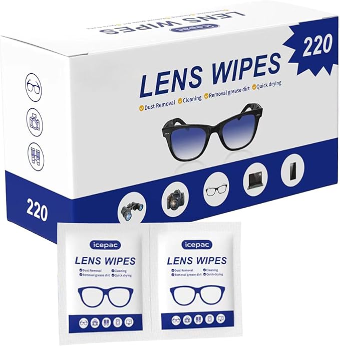 Lens Cleaning Wipes – 220 PCS Eyeglass Cleaner Wipes, Individually Wrapped, Streak-Free & Fast-Drying for Glasses, Sunglasses, Camera Lenses, Phone & Laptop Screens