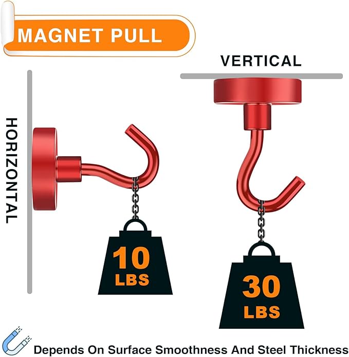 MIKEDE Magnetic Hooks Heavy Duty, 30LB+ Strong Magnets with Hook for Fridge, Neodymium Extra Strength Industrial Hooks for Hanging, Magnetic Hanger for Toolbox, Cruise, Grill(Red,4 Pack)