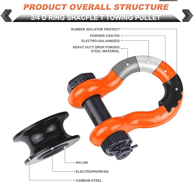 Upgraded Snatch Block, 3/4" D Ring Shackle (2 Pack) 22,000lb Break Strength with Towing Pulley, Heavy Duty Offroad Recovery Accessory for Truck, Tractor, ATV & UTV (Orange)