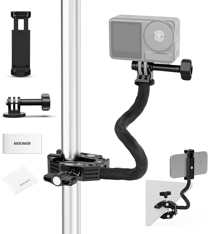 NEEWER GP-26 Action Camera Adapter Mount Kit with Super Clamp, Soft Tube, Phone Holder, Cleaning Cloth, Compatible with GoPro Insta360 DJI iPhone Android for Video Recording