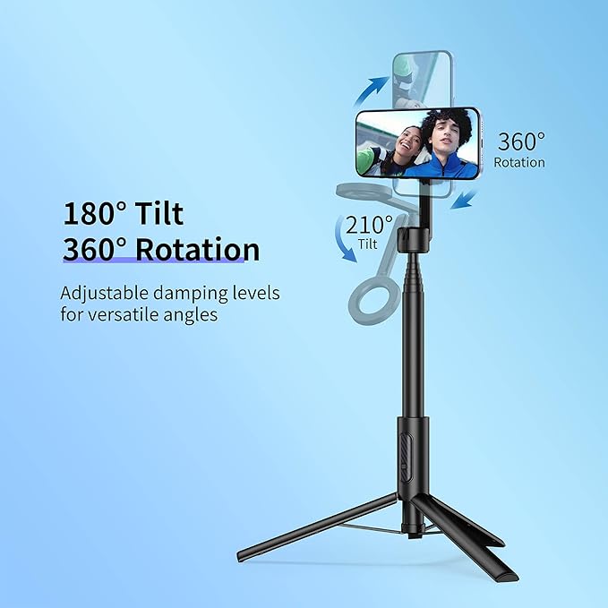 SEAJIC Magnetic Phone Tripod for iPhone 64" Selfie Stick with Remote and Metal Ring, Automatic Pop-up MagSafe Travel Tripod for Cell Phone Video Recording/Photography/Vlogging (Balck)