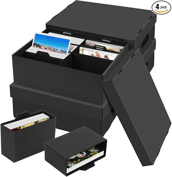 ATPWONZ 4 PCS Photo Storage Box for 5"x7" Photos, with 32 Inner Picture Boxes, 15“ x 10.3“ x 6.1“ Photo Organizer Box, Portable Scrapbook Photo Boxes with Lid, for Photo Stickers Stamps Seeds(Black)