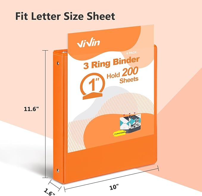 ViVin 1 Inch Round Ring View Binder for Durability, Standard 3 Ring Binder for 200 Sheets of US Letter Size Paper, PVC-Free, 6-Pack (Orange)