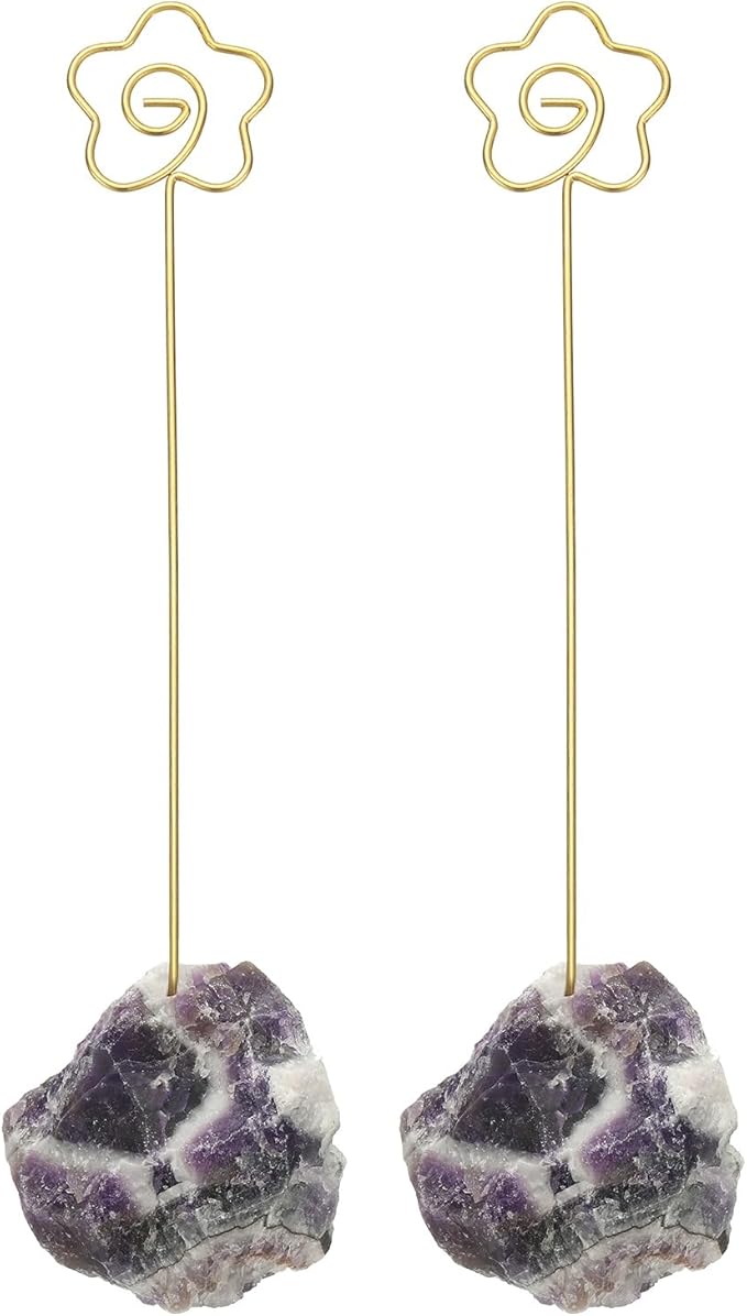 PATIKIL Table Number Holder, 2Pcs Photo Clip Holders Crystal Stone Quartz Desk Card Holder Raw Flower Shape Iron Memo Note Photo Stand for Wedding Party Home Office Decor, Purple