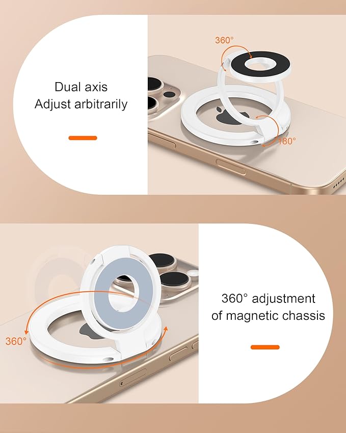 MagSafe Phone Ring Holder, Dual-Side Magnetic Grip Stand with Metal Ring, Foldable Kickstand for iPhone 17 16 15 14 13 12, Wireless Charging Compatible, Works with Magnetic Car Mounts & Desks-White