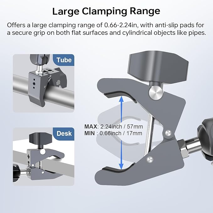Super Clamp Camera Mount, Aluminum Double Ball Head Magic Arm for Insta360 X5 GoPro DJI OSMO 360 DSLR Monitor, 360° Handlebar Pole Desk Mount, 13lb Load QX010