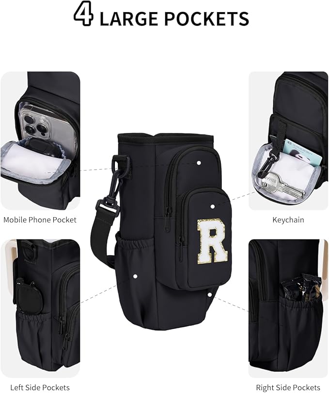 sportsnew Birthday Gifts for Women Personalized Initial Water Bottle Holder with Strap fits most 40oz Tumbler with Handle Water Bottle Carrier Bag with Phone Pocket & Straw Topper Tumbler Accessories
