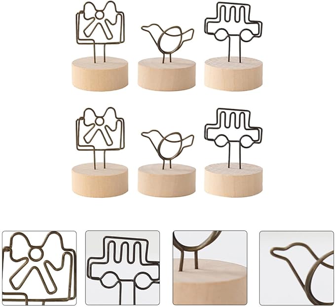 6pcs Wooden Memo Clips with Bowknot, Bird, and Car Designs, Vintage Photo Display Stands for Desktop Organization and Home Office Decoration Random Color